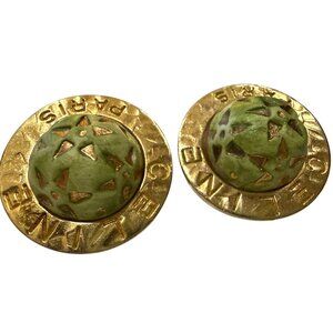 Celine Vintage Signed Clip-on Yellow Gold Tone Green 80s Bold Earrings